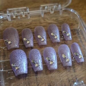 Purple Glitter Press-On Nails with Gold Accents